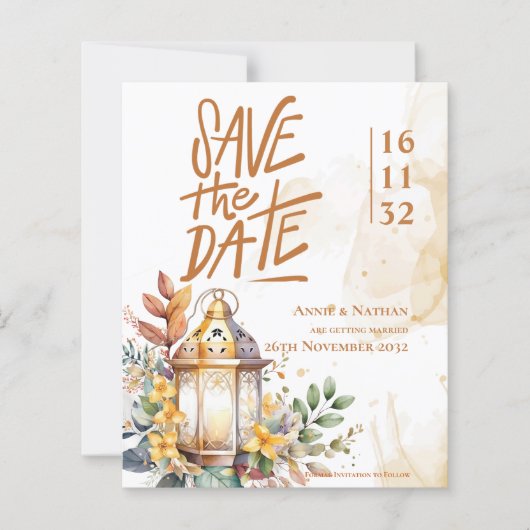 Gelbe Laternenblume Save the Date Hochzeit im Herb (Vorderseite)
