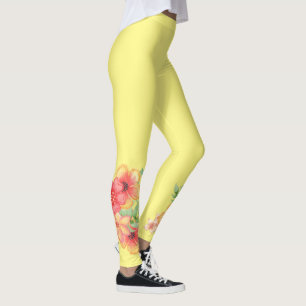 Gelbe Leggings mit tropischen Blume in rosa Pfirsi