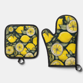 Gelbe Lemon Print Ofenhandschuh & Topflappen-Set
