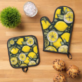 Gelbe Lemon Print Ofenhandschuh & Topflappen-Set (Oben Unten)