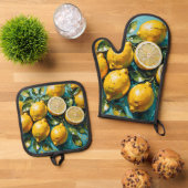 Gelbe Lemon Print Ofenhandschuh & Topflappen-Set (Oben Unten)