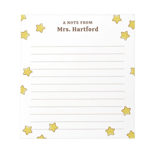 Gelbe, leuchtende Sterne, die eine Note des Lehrer Notizblock (Vorderseite)