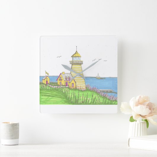 Gelbe Leuchtturmwand Quadratische Wanduhr (Zuhause)