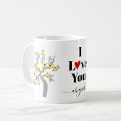 Gelbe Liebesvögel, Graukirschbaum mit Blüten Kaffeetasse (Vorderseite Links)