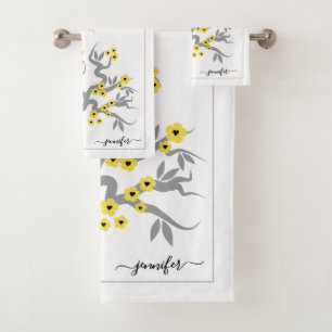 Gelbe Liebesvögel Kirschbaumblüten grenzen Badhandtuch Set