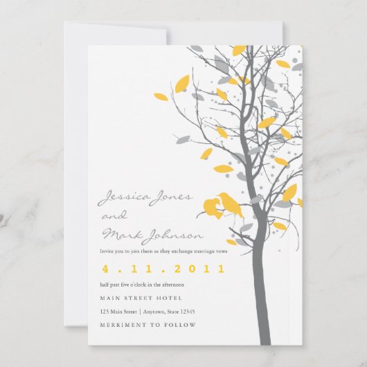 Gelbe Liebesvögel mit grauen Blätter Einladung (Vorderseite)