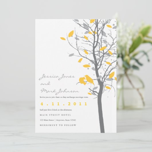 Gelbe Liebesvögel mit grauen Blätter Einladung (Stehend Vorderseite)