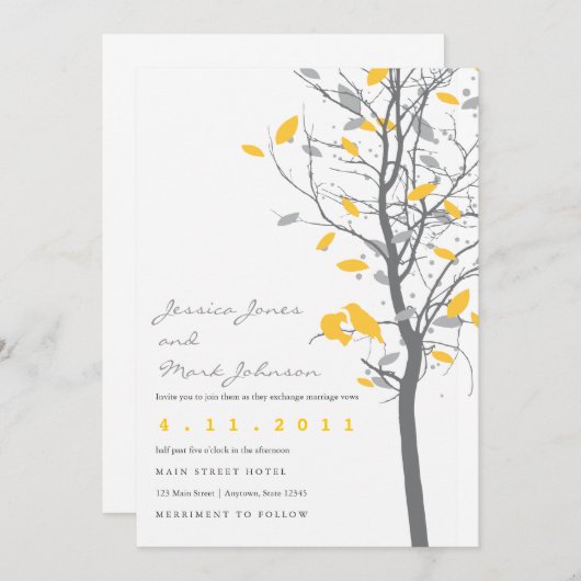 Gelbe Liebesvögel mit grauen Blätter Einladung (Vorne/Hinten)