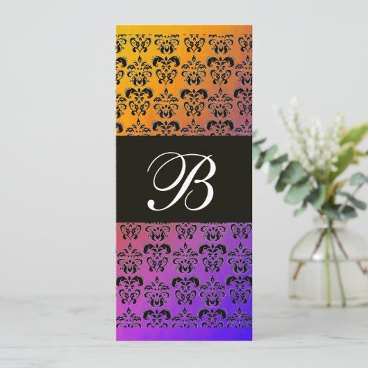 GELBE LILA BLUE BLACK DAMASK MONOGRAMM, weiß Einladung (Stehend Vorderseite)