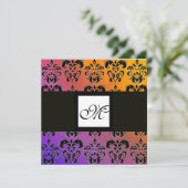 GELBE LILA BLUE BLACK SQUARE DAMASK MONOGRAM EINLADUNG (Stehend Vorderseite)