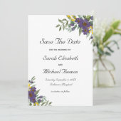 Gelbe Lila Blumenhochzeit Speichern Sie die Datums Save The Date (Stehend Vorderseite)