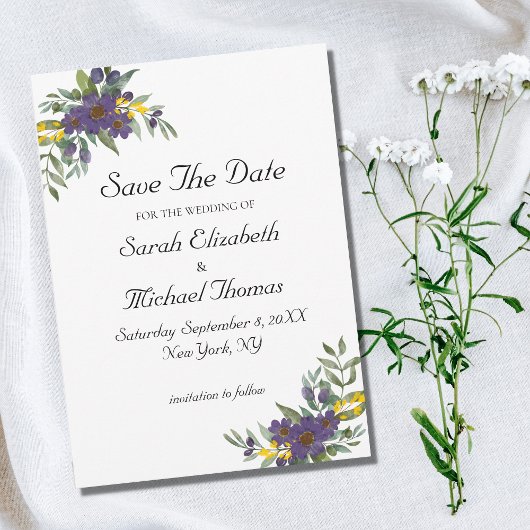 Gelbe Lila Blumenhochzeit Speichern Sie die Datums Save The Date