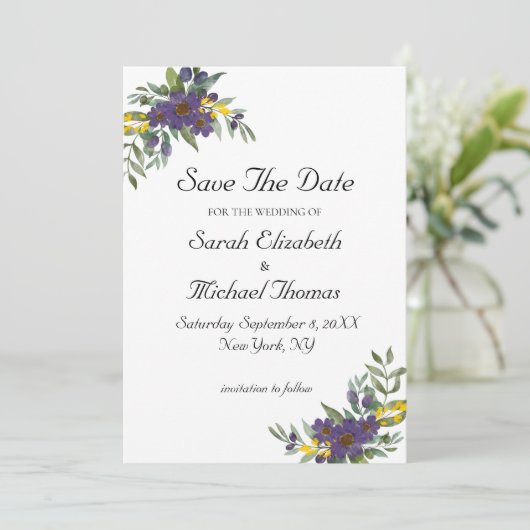 Gelbe Lila Blumenhochzeit Speichern Sie die Datums Save The Date (Stehend Vorderseite)