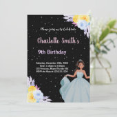 Gelbe Lila BlumenPrinzessin zum Geburtstag Einladung (Stehend Vorderseite)