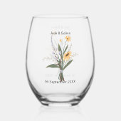 Gelbe Lila Blütenhochzeit Minimalistisch Weinglas Ohne Stiel (Rückseite)