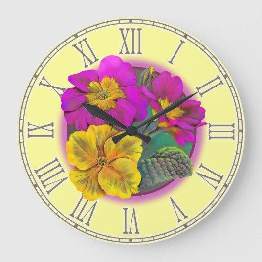 Gelbe lila feine botanische Wanduhr des Primula (Vorderseite)