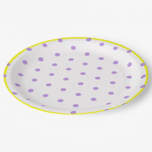 Gelbe Lila Polka-Punkte Pappteller (Schrägansicht)