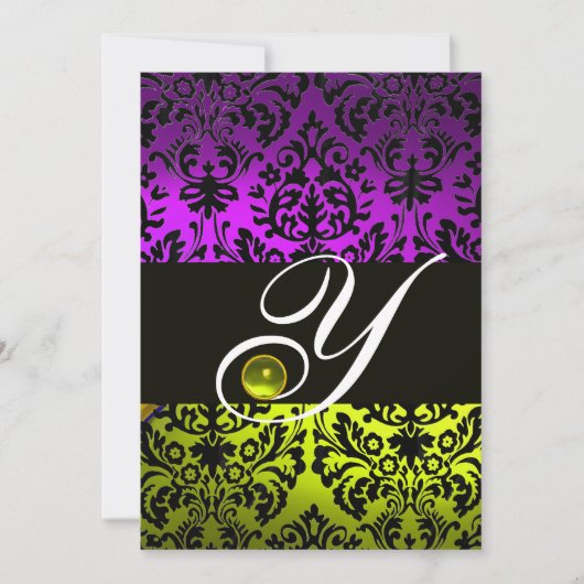 GELBE LILA SCHWARZE DAMASK MONOGRAM TOPAZ EINLADUNG (Vorderseite)