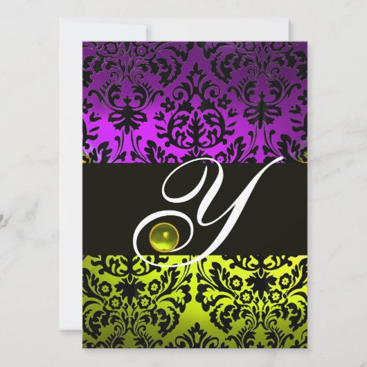 GELBE LILA SCHWARZE DAMASK MONOGRAM TOPAZ EINLADUNG (Vorderseite)