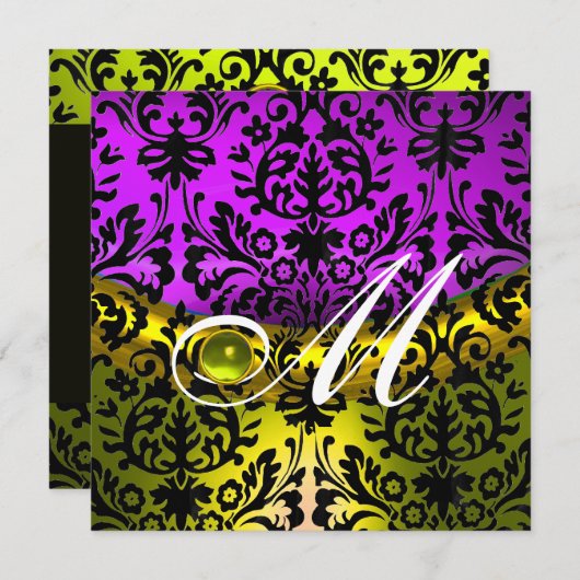 GELBE LILA SCHWARZE DAMASK MONOGRAM TOPAZ EINLADUNG (Vorne/Hinten)