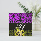 GELBE LILA SCHWARZE DAMASK MONOGRAM TOPAZ EINLADUNG (Stehend Vorderseite)