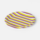 Gelbe, lila und weiße Streifen Pappteller (Schrägansicht)