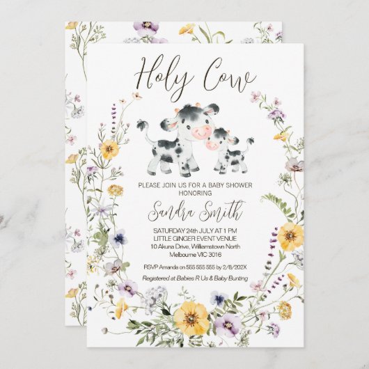 Gelbe Lila Wildblume Kinderdusche Einladung (Vorne/Hinten)