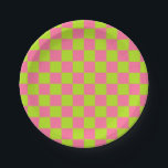 Gelbe Linde grün und rosa Pappteller<br><div class="desc">Abstrakte digitale Kunst von Kalkgrün und rosa Quadraten in einer karierten Formation.</div>