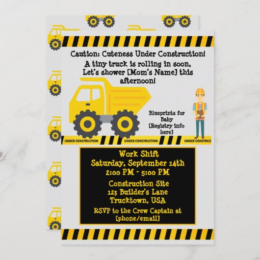 Gelbe LKW-Baukinder Einladung (Vorne/Hinten)