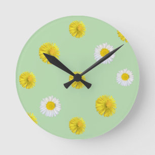 Gelbe Löwenzahn- und weiße Gänseblümchen-Wanduhr i Runde Wanduhr