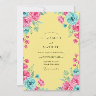 Gelbe Magenta-Wasserfarben-Hochzeit Einladung