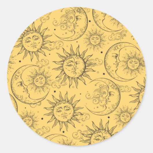 Gelbe Magie Vintage Himmelssonnenmoon Sterne Runder Aufkleber (Vorderseite)