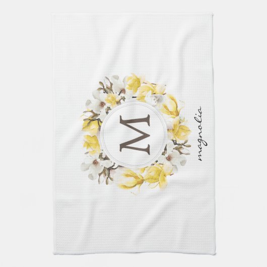 Gelbe Magnolienblüte Monogramm Geschirrtuch (Vertikal)