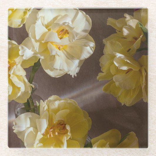 Gelbe malerische Tulpen-Foto Glasuntersetzer (Vorderseite)