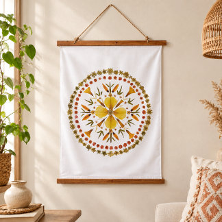 Gelbe Mandala-Pressblume aus originaler Kunst Wandteppich Mit Holzrahmen
