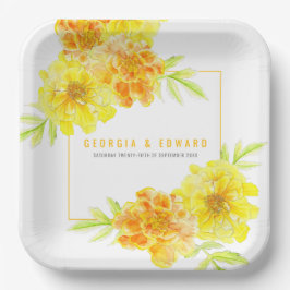 Gelbe Marigold Aquarell Blume Hochzeitsplatz Pappteller