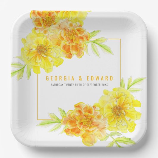 Gelbe Marigold Aquarell Blume Hochzeitsplatz Pappteller (Vorderseite)