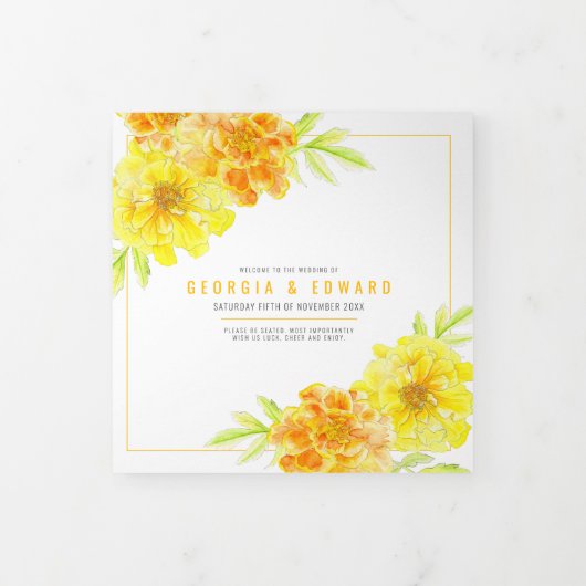 Gelbe Marigold Blume Aquarellhochzeit Dreifach-gefaltete Programmkarte (Cover)