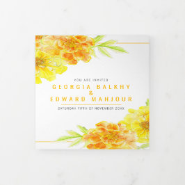 Gelbe Marigold Wasserfarbe Blume Hochzeit Dreifach Gefaltete Einladung