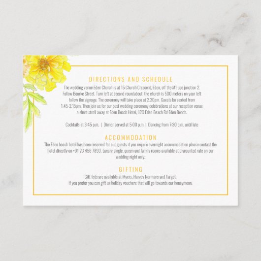 Gelbe Marigold Wasserfarbe Hochzeitsfarbe Details Begleitkarte (Rückseite)