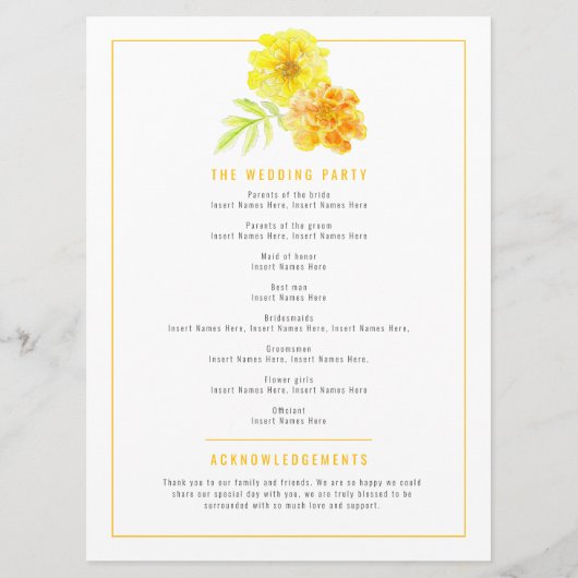 Gelbe Marigolds Hochzeitsprogramm Aquarellkunst Programm (Rückseite)