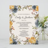 Gelbe Marineblaue Blumenhochzeitsprogramm Programm (Stehend Vorderseite)
