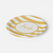 Gelbe Markisenstreifen mit modernen Namen Mimosa Pappteller (Schrägansicht)