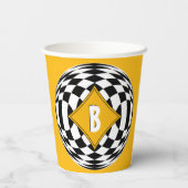 Gelbe Medaille über schwarze und weiße Diamanten Pappbecher (Rückseite)