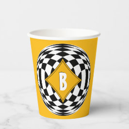 Gelbe Medaille über schwarze und weiße Diamanten Pappbecher