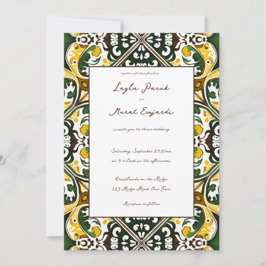 Gelbe, mediterrane Kachel in einer Hochzeit Einladung (Vorderseite)