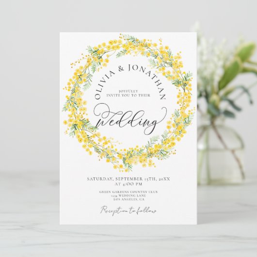 Gelbe Mimosa Alles in 1 Budget QR Code Hochzeit Einladung (Stehend Vorderseite)