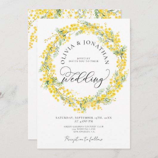 Gelbe Mimosa Alles in 1 Budget QR Code Hochzeit Einladung (Vorne/Hinten)