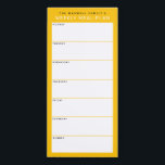 Gelbe Minimalistische Familienmahlzeiten Magnetischer Notizblock<br><div class="desc">Schreiben Sie Ihre Abendessen auf diesem Magnettafel, damit Sie die wöchentlichen Mahlzeiten ganz einfach planen und auf Ihren Kühlschrank, Ihre Pantry-Tür oder Ihr Kommandozentrum legen können. Die schlichte, moderne Gestaltung in fröhlich goldgelb, schwarz und weiß mit sans serif Schriftart wird jedem visuell organisierten Feinschmecker gefallen. Personalisieren Sie den Namenstext an...</div>