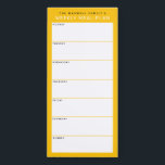 Gelbe Minimalistische Familienmahlzeiten Magnetischer Notizblock<br><div class="desc">Schreiben Sie Ihre Abendessen auf diesem Magnettafel, damit Sie die wöchentlichen Mahlzeiten ganz einfach planen und auf Ihren Kühlschrank, Ihre Pantry-Tür oder Ihr Kommandozentrum legen können. Die schlichte, moderne Gestaltung in fröhlich goldgelb, schwarz und weiß mit sans serif Schriftart wird jedem visuell organisierten Feinschmecker gefallen. Personalisieren Sie den Namenstext an...</div>